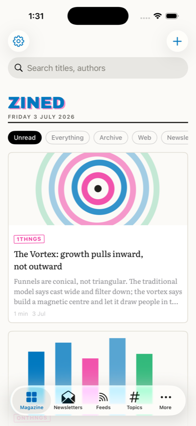 Zined on iPhone: the magazine with a featured newsletter and colour-stamped cards