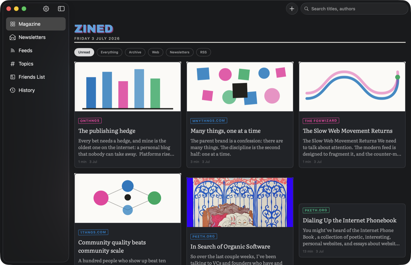 Zined on Mac: a dark magazine grid of saved articles with riso-coloured source stamps